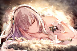  absurdres anastasia_(fate) arms_up bare_shoulders blush brown_hairband closed_eyes closed_mouth commentary eien_no_juu_nana-sai facing_viewer fate/grand_order fate_(series) female grey_hair hair_between_eyes hairband highres long_hair lying mixed-language_commentary on_side revision russian_commentary smile solo 