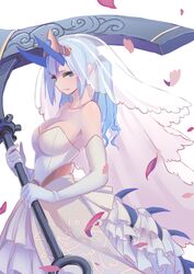  bare_shoulders blue_eyes blue_hair blue_horns breasts bride cleavage closed_mouth commentary_request dragon_girl dragon_horns dragon_tail dress elatius_the_anchorwielder elbow_gloves female from_side gloves highres holding holding_scythe holding_weapon horns large_breasts long_hair looking_at_viewer oerba_yun_fang petals pixiv_fantasia pixiv_fantasia_revenge_of_the_darkness scythe solo strapless strapless_dress tail tiara twintails uusquid wavy_hair weapon wedding_dress white_gloves 