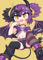  asymmetrical_legwear black_hair black_thighhighs blush breasts commentary_request commission demon_girl demon_horns demon_tail demon_wings female highres horns imp_(megido72) looking_at_viewer megido72 mismatched_legwear nanatsuta navel oerba_yun_fang open_mouth panties panty_peek purple_hair short_hair simple_background skeb_commission small_breasts solo striped_clothes striped_thighhighs tail thighhighs underwear white_panties wings yellow_background yellow_eyes 