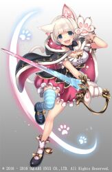  animal_ears animal_hands asymmetrical_legwear bloomers blue_eyes blue_socks bob_cut breasts cape cat_girl copyright_notice dinah_(grimms_notes) female full_body gloves grimms_notes holding holding_sword holding_weapon huge_breasts mismatched_legwear oerba_yun_fang paw_gloves pink_bloomers pink_socks short_hair smile socks solo sword t-track teeth upper_teeth_only weapon white_hair 