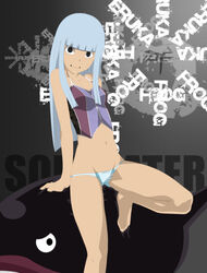  absurdres artist_request barefoot black_eyes blue_hair blunt_bangs english_text engrish_text eruka_frog feet female highres long_hair lowleg lowleg_panties navel panties photoshop_(medium) ranguage solo soul_eater tadpole_jackson underwear 