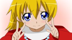  70s blonde_hair blue_eyes blush chargeman_ken! corpse_(artist) cure_peace_pose double_v dress gradient gradient_background izumi_caron jewelry knack looking_at_viewer necklace oldschool parody pink_background pixiv86384921 precure simple_background smile_precure solo v 