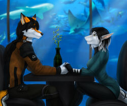  anthro aquarium canid canine canis clothed clothing cybernetics cyborg duo elvofirida female fish fox hand_holding hybrid kamikaze_otium laguna_silverjaw machine male mammal marine public_aquarium shark sitting smile tail_tattoo tattoo vivarium wolf 