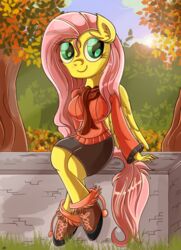  2015 anthro anthrofied autumn biped blue_eyes clothing daniel-sg equid equine feathered_wings feathers female fluttershy_(mlp) friendship_is_magic hair hasbro hi_res mammal my_little_pony mythological_creature mythological_equine mythology pegasus pink_hair sitting solo wings yellow_body yellow_feathers 