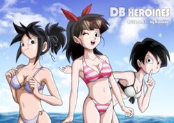  3girls ;d beach bikini black_eyes black_hair blue_bikini blue_sky breasts cloud commentary_request day dragon_ball dragon_ball_heroes earrings eyewear_on_head forte_(dragon_ball) highres index_finger_raised jewelry karoine medium_breasts multiple_girls navel note_(dragon_ball) o-ring o-ring_bikini one_eye_closed open_mouth outdoors ponytail saiyan sky small_breasts smile striped_bikini striped_clothes sunglasses swimsuit tail viola_(dragon_ball) water 