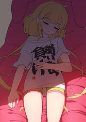  bad_id bad_pixiv_id bike_shorts blunt_bangs blush closed_eyes clothes_writing commentary facing_viewer feet_out_of_frame female futaba_anzu hand_on_own_stomach hizashi_no_naka_no_real idolmaster idolmaster_cinderella_girls long_hair low_twintails lying off_shoulder on_back parted_lips rheez shade shadow shirt short_sleeves single_bare_shoulder sleeping solo twintails very_long_hair white_shirt 