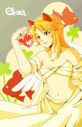  :3 :d angel_wings animal animal_ears areri bandeau bare_shoulders blonde_hair blue_eyes blush breasts cat_ears cleavage clover collarbone commentary_request copyright_name cowboy_shot detached_sleeves ehekatl_of_luck elona eyebrows eyelashes feathered_wings feathers female fingernails fish four-leaf_clover goldfish groin holding holding_animal kemonomimi_mode long_hair long_skirt looking_away looking_to_the_side midriff navel nose open_mouth outline shawl short_sleeves skirt small_breasts smile solo stomach straight_hair tareme white_outline white_skirt white_wings wings 