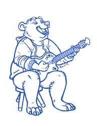  2015 abigfathen ambiguous_gender anthro bear blue_and_white bottomless closed_eyes clothed clothing furniture guitar mammal monochrome musical_instrument playing_guitar playing_music plucked_string_instrument simple_background solo stool string_instrument 