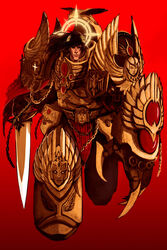  1boy animification aquila_(symbol) armor bird black_eyes brown_hair chains claws commentary cross cross_(guncross) eagle emperor_of_mankind english_commentary eye_of_providence halo imperial_aquila laurel_crown laurels lightning_bolt_symbol long_hair male_focus manly mecha ornate power_armor red_background red_eyes robot simple_background skull solo sword warhammer_40k weapon wings 