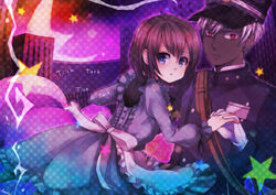  1boy a_(shiei_no_sona-nyl) asazuke25 blue_dress blue_eyes brown_hair commentary_request dark_skin dress expressionless female frills gloves hat highres holding_hands interlocked_fingers lily_(shiei_no_sona-nyl) looking_back purple_background red_eyes shiei_no_sona-nyl short_hair star_(symbol) steampunk_(liarsoft) uniform white_hair 