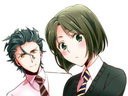  1boy ahoge black_hair blush commentary_request diarmuid_ua_duibhne_(lancer)_(fate) diarmuid_ua_duibhne_(sensha_otoko)_(fate) fate/zero fate_(series) female genderswap_(mtf) green_eyes green_hair gucce222 necktie rule_63 sensha_otoko short_hair waver_velvet waver_velvet_(sensha_otoko) yellow_eyes 