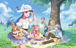  2boys 3girls :d ahoge anais_del_caril artstation_sample baguette bare_shoulders basket benya_(tales_weaver) bird blonde_hair blowing blue_eyes blue_hair blue_sky bow bread brown_pants candle character_request closed_eyes cloud commentary_request cookie cupcake day flower food fruit grapes grass grey_hair hairbow hat hat_flower hat_ribbon highres image_sample instrument jewelry joshua_von_arnim lute_(instrument) multiple_boys multiple_girls necklace open_mouth outdoors pants photoshop_(medium) picnic pink_eyes pink_hair red_bow ribbon sang_ah_yoon shirt sitting sky smile t-shirt tales_weaver teapot tichiel_juspian tree 