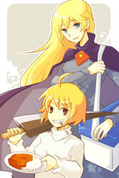  &gt;:) 2girls ahoge aqua_eyes areri blonde_hair blush breasts brown_eyes cape carrying commentary_request cooler cowboy_shot curry curry_rice dress elona eyebrows eyelashes food golden_knight_(elona) grey_dress grin hair_between_eyes holding holding_plate holding_sword holding_weapon knight little_girl_(elona) long_hair long_sleeves looking_at_viewer looking_away looking_to_the_side mouth_hold multiple_girls no_nose nose open_mouth outline over_shoulder plate purple_cape rice small_breasts smile standing star_(symbol) straight_hair sweater sword teeth teeth_hold turtleneck turtleneck_sweater upper_body v-shaped_eyebrows weapon weapon_over_shoulder white_outline white_sweater 