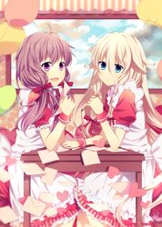  2girls ahoge balloon blonde_hair blue_eyes cloud commentary_request crml_orng dress hair_ornament heart highres ia_(vocaloid) letter long_hair looking_at_viewer low_twintails maid multiple_girls open_mouth pencil purple_eyes purple_hair sitting sky smile table twintails very_long_hair vocaloid voiceroid window yuzuki_yukari 