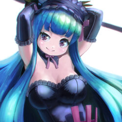  breasts cleavage commentary_request elbow_gloves female gloves green_hair large_breasts long_hair purple_eyes reaper_(sekaiju) reaper_4_(sekaiju) reiesu_(reis) sekaiju_no_meikyuu sekaiju_no_meikyuu_5 solo 