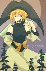  1boy :t androgynous areri arm_behind_back bare_shoulders blonde_hair bow collarbone commentary_request copyright_name crossdressing detached_sleeves eating elona eyebrows gradient_background green_eyes green_hat green_shirt hat holding holding_plant jester_cap kumiromi_of_harvest long_skirt long_sleeves male_focus motion_lines multicolored_background no_nose plant shirt skirt sleeveless sleeveless_shirt solo turtleneck white_skirt wide_sleeves yellow_bow 