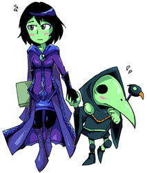  1boy black_hair blush book cape colored_skin commentary english_commentary female gloves green_eyes green_skin height_difference holding_hands mona_(shovel_knight) nervous photoshop_(medium) plague_doctor plague_doctor_mask plague_knight setz shovel_knight wand 