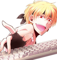  1boy blonde_hair commentary_request computer_keyboard earrings fate/zero fate_(series) fingerless_gloves gilgamesh_(fate) gilgamesh_(sensha_otoko)_(fate) gloves gucce222 headband jewelry male_focus red_eyes sensha_otoko short_hair solo 