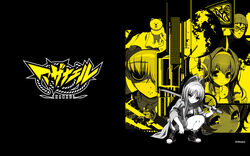  1boy 5girls armband axanael beanie bird bokken canine crane_(animal) fujimi_ena glasses gun hat highres logo monochrome moon multiple_girls nitori_taito noko_(axanael) official_art official_wallpaper ousu_chiaki sakura_(axanael) sword tsuji_santa watanuki_fuuri weapon wooden_sword yellow_theme yuujirou 