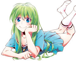  blue_eyes commentary_request enkidu_(fate) enkidu_(sensha_otoko)_(fate) fate/strange_fake fate_(series) female green_hair gucce222 long_hair lying on_stomach school_uniform sensha_otoko serafuku smile solo the_pose 