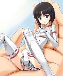  asuka_(busou_shinki) black_eyes black_hair blunt_bangs blush bob_cut breasts busou_shinki cleavage_cutout clothing_cutout commentary_request doll_joints female gloves hand_on_own_chest holding in_palm joints knees_up leotard light_smile looking_at_viewer lying medium_breasts mini_person minigirl on_back out_of_frame parted_bangs pov pov_hands ribbon-trimmed_legwear ribbon_trim short_hair smile solo_focus thighhighs tora_(huuunnji) white_legwear 