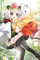  2girls animal_ears bamboo black_hair black_legwear blonde_hair blunt_bangs blush cannelle_(sword_girls) closed_eyes crying daisy flower frills glomp grin hug jumping long_hair long_sleeves lowres mca_(dessert_candy) multiple_girls official_art open_mouth outstretched_hand panda_ears pantyhose parted_bangs penika_(sword_girls) photoshop_(medium) pleated_skirt rabbit_ears rose shawl skirt sleeves_past_wrists smile socks surprised sword_girls tears wavy_hair white_hair white_legwear wide_sleeves 