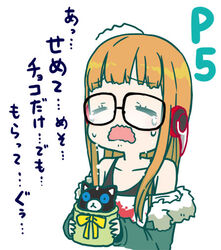  behind-the-head_headphones commentary female fur-trimmed_jacket fur_trim gift glasses green_jacket headphones jacket long_hair mizuki_maya morgana_(persona_5) orange_hair persona persona_5 sakura_futaba solo tears translation_request 