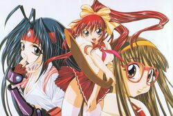  3girls absurdres antenna_hair armor black_hair bokken bow breasts brown_eyes brown_hair cleavage dougi fingerless_gloves glasses gloves gotou_keiji hairband hairbow headband highres kiribayashi_azumi long_hair medium_breasts mitsurugi_ryouko multiple_girls official_art ponytail purple_eyes real_bout_high_school red-framed_eyewear red_hair scan school_uniform serafuku skirt skirt_tug sword thighhighs vambraces weapon white_thighhighs wooden_sword yuuki_hitomi 