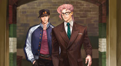  2boys avicy black_hair brick_wall commentary cosplay formal gary_unwin gary_unwin_(cosplay) glasses hands_in_pockets harry_hart harry_hart_(cosplay) hat jacket jojo_no_kimyou_na_bouken kakyoin_noriaki kingsman:_the_secret_service kujo_jotaro male_focus multiple_boys necktie parody photoshop_(medium) pink_hair striped_suit suit 