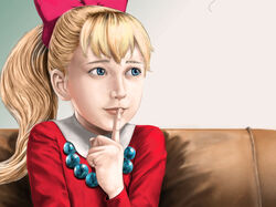  70s blonde_hair blue_eyes chargeman_ken! couch dress female finger_on_mouth finger_to_mouth hair_ribbon highres izumi_caron jewelry knack lolicon necklace oldschool ponytail realistic ribbon solo zeze 