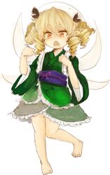  bad_id bad_pixiv_id barefoot blonde_hair chestnut_mouth cosplay drill_hair female luna_child solo touhou wakasagihime wakasagihime_(cosplay) wataichi_meko wings yellow_eyes 