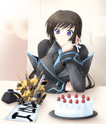  big_breasts birthday blush braid brown_hair brush cake chibi female female food fruit haganef hair_ornament ink long_hair looking mecha muv-luv muvluv muvluv_alternative muvluv_alternative_total_eclipse muvluv_total_eclipse necktie purple_eyes ribbon smile strawberry takamura_yui total_eclipse type-00f_takemizakuchi uniform white_ribbon writing 