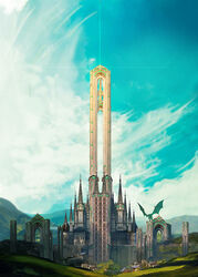  arch architecture castle cloud commentary day dragon fantasy gem green_gemstone highres hill house jongmin landscape lens_flare no_humans original outdoors photoshop_(medium) scenery sky tower town wyvern 