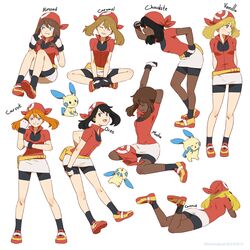  :3 alternate_color arms_behind_back bandana bike_shorts black_hair blonde_hair blue_eyes brown_eyes brown_hair closed_eyes cosplay dark_skin drawinglee female gloves hand_on_own_hip hat may_(pokemon) may_(pokemon)_(cosplay) minun oerba_yun_fang open_mouth orange_hair pokemon pokemon_(creature) pokemon_adventures pokemon_rse short_hair sitting smile unworn_bandana 