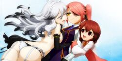  3girls ahoge ass black_hair blazblue breast_press brown_eyes brown_hair celica_a._mercury girl_sandwich hair_over_one_eye highres higuchi_konomi hug konoe_a._mercury little_sister_(xblaze) me_(xblaze) multicolored_hair multiple_girls nobody_(xblaze) pink_hair sandwiched two-tone_hair white_hair xblaze xblaze_lost:_memories yellow_eyes 