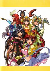  1boy 6+girls absurdres bare_shoulders brown_hair character_request choker crescent crossdressing fantasy glasses gotou_keiji hairband halterneck highres himekawa_sara kiribayashi_azumi kuon_nanase kusanagi_shizuma long_hair magical_girl midriff mitsurugi_ryouko multiple_girls navel odd_one_out official_art onizuka_miyuki photoshop_(medium) real_bout_high_school red-framed_eyewear red_hair short_hair skirt staff tiara wand yuuki_hitomi 