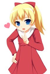  70s blonde_hair blue_eyes blush borubomu chargeman_ken! dress female hair_ribbon hand_on_hip heart index_finger_raised izumi_caron knack lolicon looking_at_viewer minase_yuu_(pixiv3273770) oerba_yun_fang oldschool ponytail ribbon simple_background solo white_background 