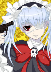  axanael bandages bow commentary_request eihou_(syou1022) eyepatch female grin gun gun_to_head handgun holding holding_gun holding_weapon noko_(axanael) pale_skin red_eyes revolver silver_hair skull smile solo twintails weapon 