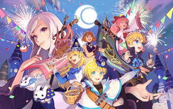  2boys 4girls :d ;d aerial_fireworks ahoge anais_del_caril artstation_sample ascot banner basket belt black_gloves blonde_hair blue_bow blue_eyes bow braid castle character_request commentary_request confetti finger_to_cheek fireworks flag gloves green_eyes hairbow hat highres image_sample jewelry long_hair looking_at_viewer lucian_kaltz mila_nebraska multiple_boys multiple_girls necklace night night_sky one_eye_closed open_mouth orange_hair outdoors photoshop_(medium) pink_hair purple_eyes rabbit red_bow sang_ah_yoon scroll short_hair skull_necklace sky smile string_of_flags tales_weaver tichiel_juspian wide_sleeves 