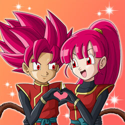  1boy beat_(dragon_ball) blush commentary_request dragon_ball dragon_ball_heroes female heart heart_hands heart_hands_duo karoine note_(dragon_ball) open_mouth photoshop_(medium) red_eyes red_hair saiyan smile super_saiyan super_saiyan_god tail 