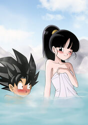  1boy beat_(dragon_ball) black_eyes black_hair blush commentary_request dragon_ball dragon_ball_heroes female karoine naked_towel note_(dragon_ball) one_eye_closed onsen photoshop_(medium) ponytail saiyan tail towel 