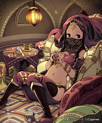  bad_id bad_pixiv_id bangle bare_shoulders black_eyes black_hair black_thighhighs blush bracelet braid cup dark-skinned_female dark_skin dice female genie gina_(shingeki_no_bahamut) groin holding jewelry knees_together_feet_apart len_(a-7) long_hair looking_at_viewer mouth_veil navel photoshop_(medium) pillow reclining rubik&#039;s_cube saucer shingeki_no_bahamut sitting solo table teacup thighhighs twin_braids veil 