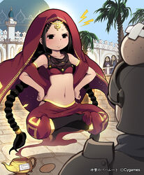  anger_vein armor bad_id bad_pixiv_id bare_shoulders black_eyes black_hair blush braid brick_wall collarbone english_text engrish_text female genie gina_(shingeki_no_bahamut) hands_on_own_hips helmet indian_style len_(a-7) long_hair navel oil_lamp photoshop_(medium) ranguage scolding shingeki_no_bahamut sitting twin_braids very_long_hair watermark 