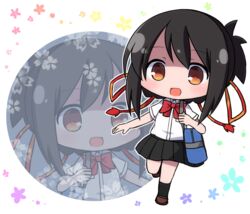  bag black_hair black_skirt black_socks blush_stickers bow bowtie brown_eyes brown_footwear chibi commentary_request female folded_ponytail hair_ribbon highres kimi_no_na_wa. looking_at_viewer miyamizu_mitsuha pleated_skirt red_bow red_bowtie rensei ribbon school_uniform shoes shoulder_bag skirt socks solo 