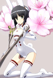  animal_ears asuka_(busou_shinki) black_hair blunt_bangs bob_cut boots breasts busou_shinki cherry_blossoms cleavage_cutout clothing_cutout commentary_request doll_joints female flower from_side full_body gloves grey_background grey_eyes hip_focus holding joints kneeling leotard light_smile looking_at_viewer mini_person minigirl parted_bangs rabbit_ears rabbit_tail ribbon-trimmed_legwear ribbon_trim shadow simple_background small_breasts smile solo tail thigh_boots thighhighs tora_(huuunnji) white_footwear white_thighhighs 