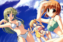  4girls absurdres aruberuto_ribeka bikini blonde_hair blue_eyes blush brown_eyes brown_hair closed_eyes front-tie_top fujiwara_tomoe highres hinohara_homura kannagi_kotoko long_hair midriff multiple_girls navel oerba_yun_fang onsoku_zekuu onsokuzekuu orihime_renka ribbon scan short_hair side-tie_bikini source_request swimsuit twintails utatemeguri 