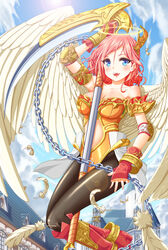  absurdres angel blue_eyes breasts chains cleavage commentary_request da-mii day feathers female highres large_breasts original partial_commentary photoshop_(medium) pink_hair scythe sky smile solo wings 