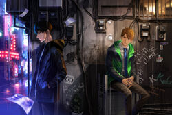  2boys absurdres alley artist_name black_hair black_jacket black_pants blue_necktie brown_eyes brown_hair cable copyright_name cover cover_page doujin_cover electricity_meter green_jacket haiji_kiyose hand_in_pocket highres hood hood_down jacket kaze_ga_tsuyoku_fuiteiru kurahara_kakeru male_focus multiple_boys necktie outdoors own_hands_together pants paper plant potted_plant rain sitting wet white50080909 yaoi 