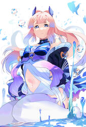  bare_shoulders blunt_bangs bow bow-shaped_hair bowtie bubble female fish genshin_impact gradient_hair hair_ornament highres long_hair looking_at_viewer midriff multicolored_hair navel okpriko pink_hair sangonomiya_kokomi seiza shorts sitting solo thighhighs underwater vision_(genshin_impact) water wide_sleeves 