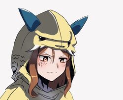  alternate_costume anger_vein blush brown_eyes brown_hair cosplay dragon_hood female frown king_halo_(umamusume) long_hair ohsaka_kaname red_king_(ultra_series) red_king_(ultra_series)_(cosplay) simple_background solo ultra_series ultraman_(1st_series) umamusume white_background 